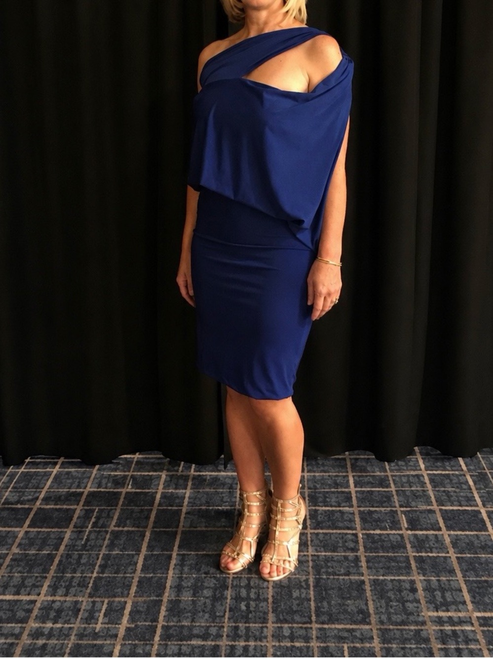 Chic One-Shoulder Bright Navy cocktail dress by SEN Couture, size 6
